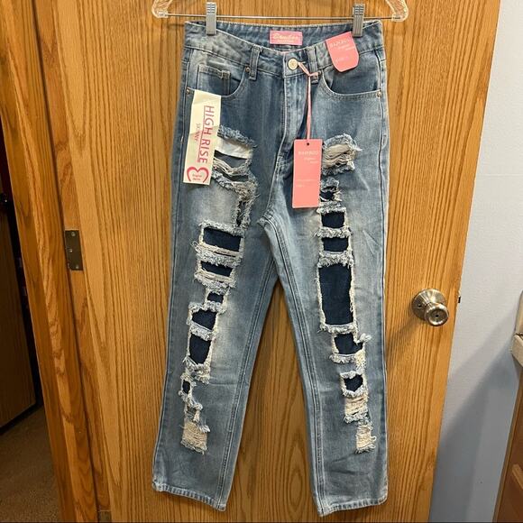 NEW Bamboo Deconstructed & Distressed High Rise Skinny Mom Jeans Juniors Size 1 - Picture 1 of 9